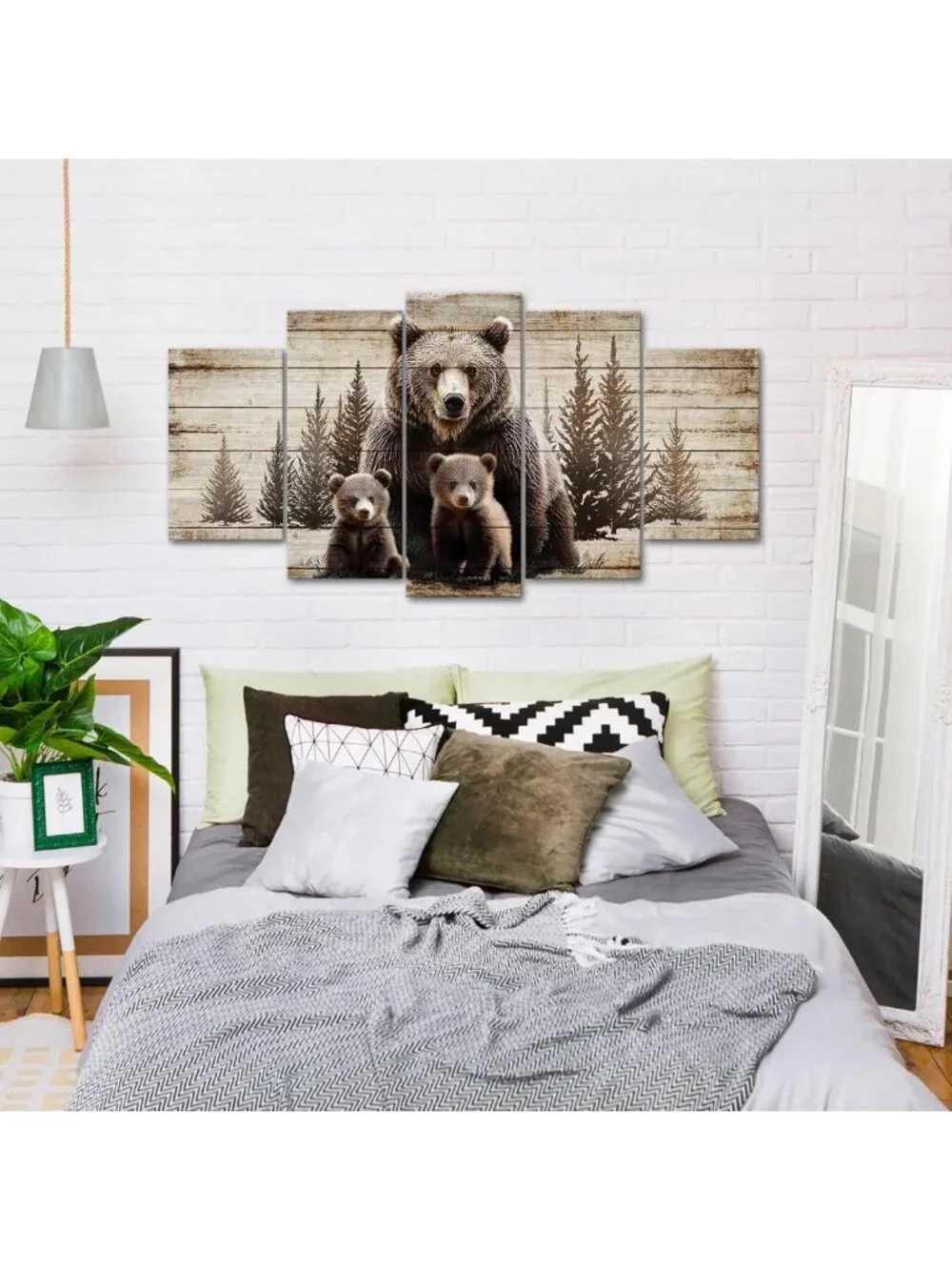 Large 5-Piece Vintage Grizzly Bear Canvas Wall Art - Rustic Cabin Decor, 60x32